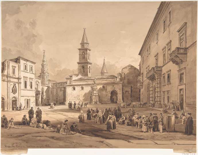 La bellissima Piazza La Corte di Andria in un quadro del 1851: all’epoca di fatto ben predisposta ai pedoni. 