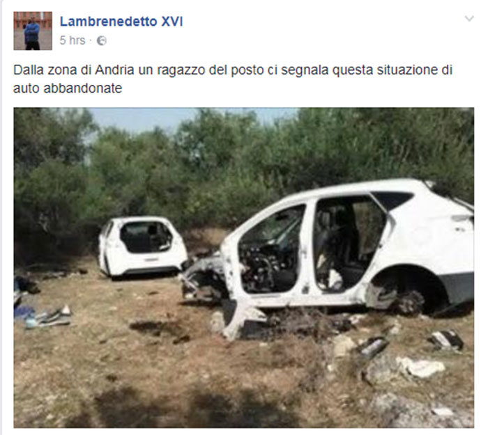 Lambrenedetto-XVI-pubblica-foto-di-carcasse-di-auto-nelle-campagne-di-Andria-