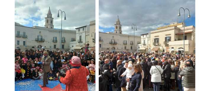 Andria: piazza Catuma si colora di musica e teatro per il Carnevale con i bambini. In centinaia per l’evento promosso dal Comune – foto